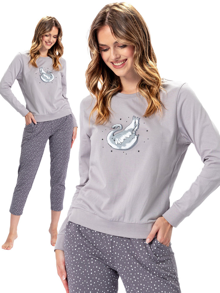 IDA - szara stylowa piżama damska ze ściągaczami i kieszeniami