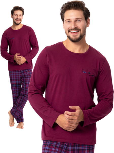 EMILIO - brodowa długa piżama męska ze spodniami w kratę