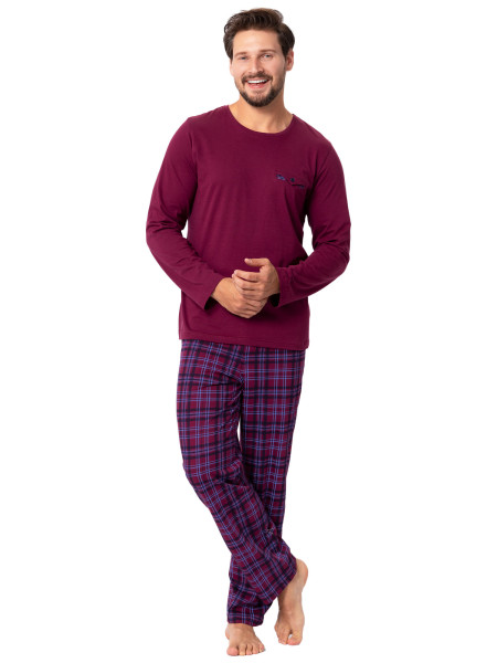 EMILIO - brodowa długa piżama męska ze spodniami w kratę