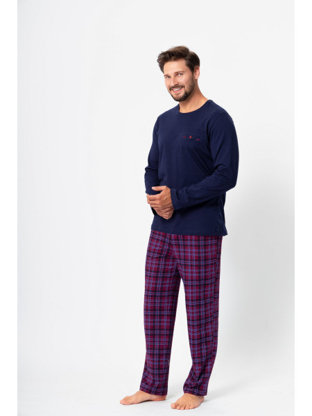 EMILIO - granatowa długa piżama męska ze spodniami w kratę