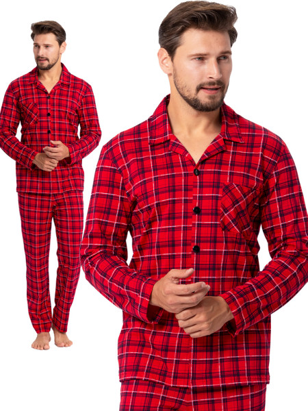 ALAN - świąteczna piżama męska rozpinana w kratę z kołnierzykiem [czerwona]