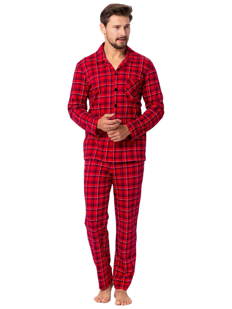 ALAN - świąteczna piżama męska rozpinana w kratę z kołnierzykiem [czerwona]