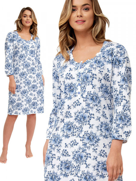 GREJ ++size - klasyczna błękitna damska koszula nocna w kwiaty