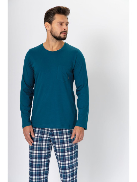 LEO - nowoczesna turkusowa piżama męska ze spodniami w kratę