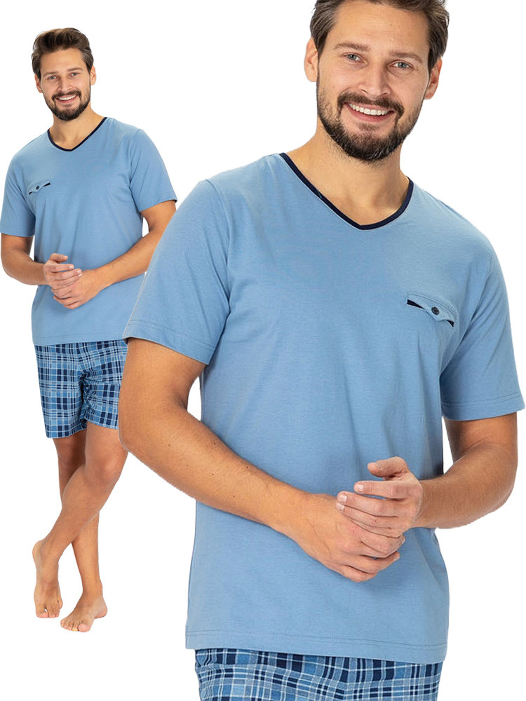 LEON - elegancka niebieska krótka piżama męska w serek