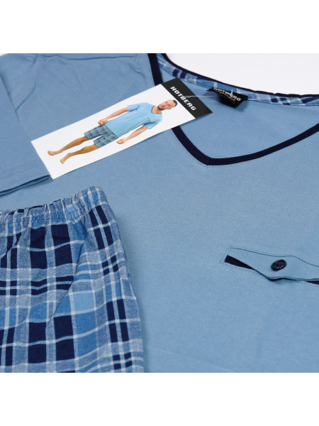 LEON - elegancka niebieska krótka piżama męska w serek