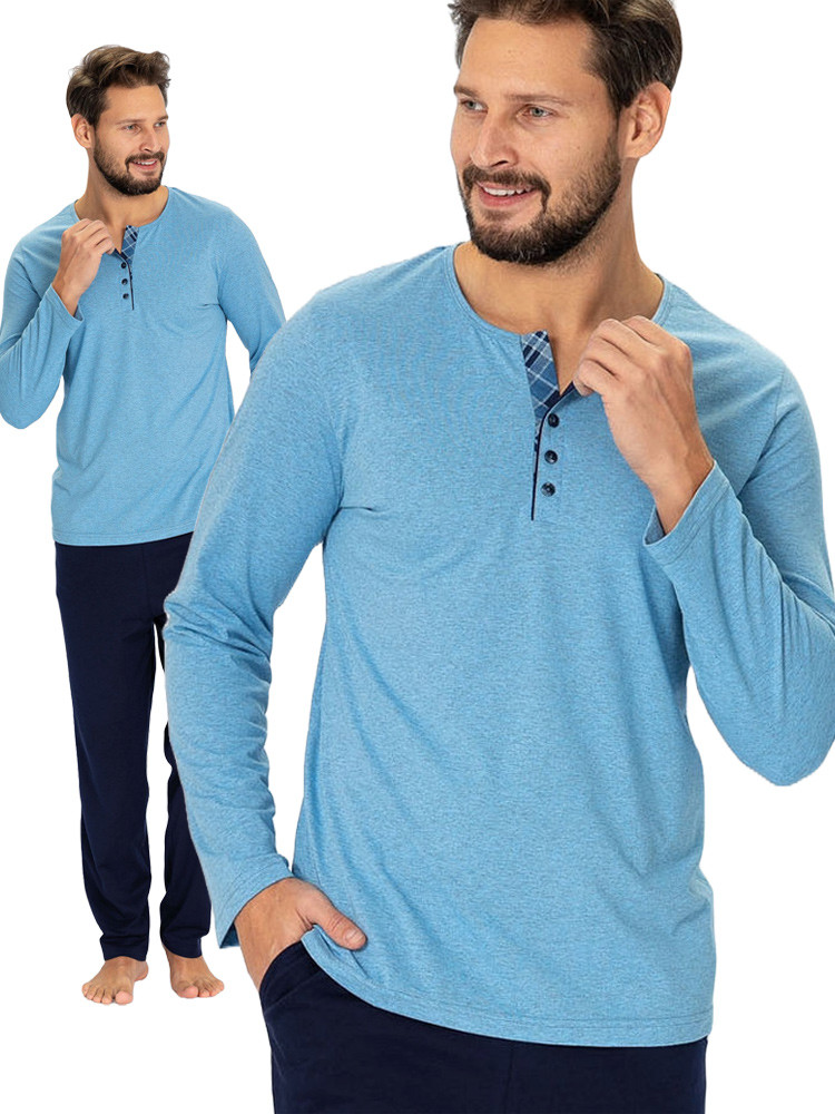 ANATOL - elegancka długa piżama męska z kieszeniami niebieska