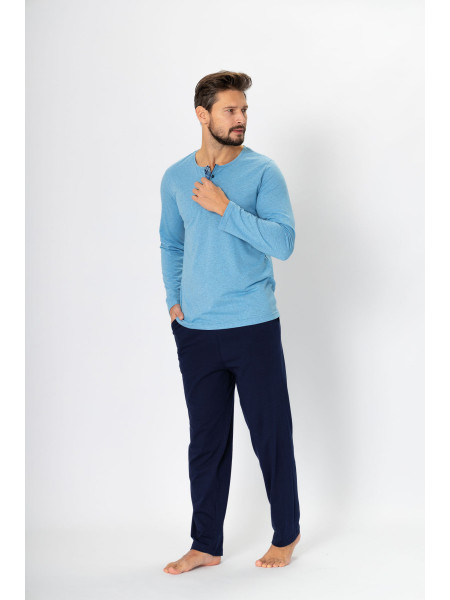 ANATOL - elegancka długa piżama męska z kieszeniami niebieska