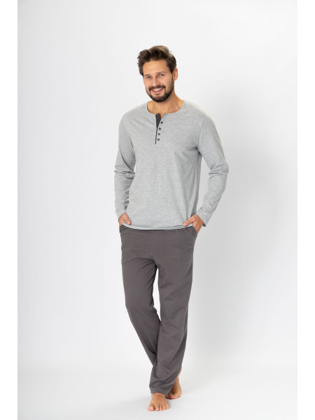 ANATOL - elegancka długa piżama męska z kieszeniami szara