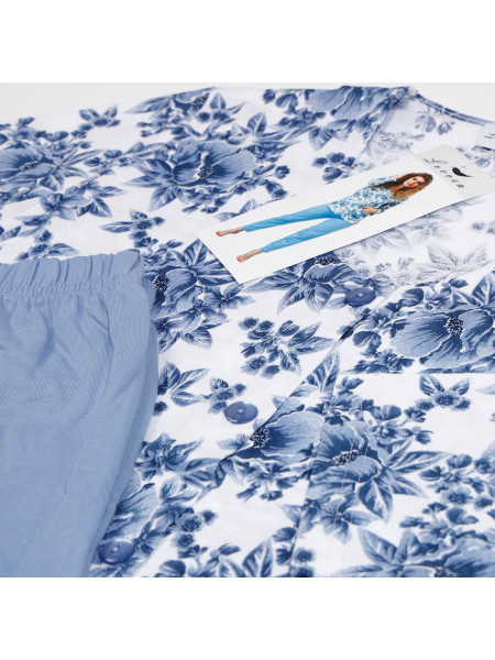 GLORIA ++size - kobieca błękitna piżama damska w kwiaty z guzikami