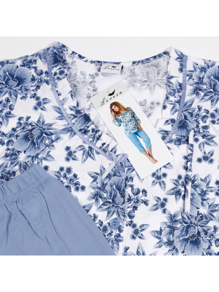 GRACJA - klasyczna błękitna piżama damska w kwiaty