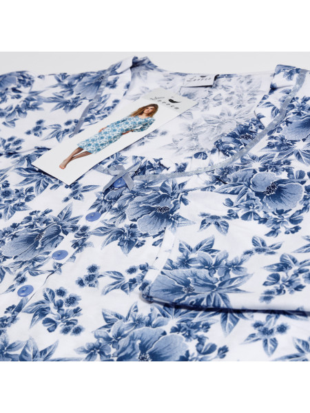 GREJ - klasyczna błękitna damska koszula nocna w kwiaty