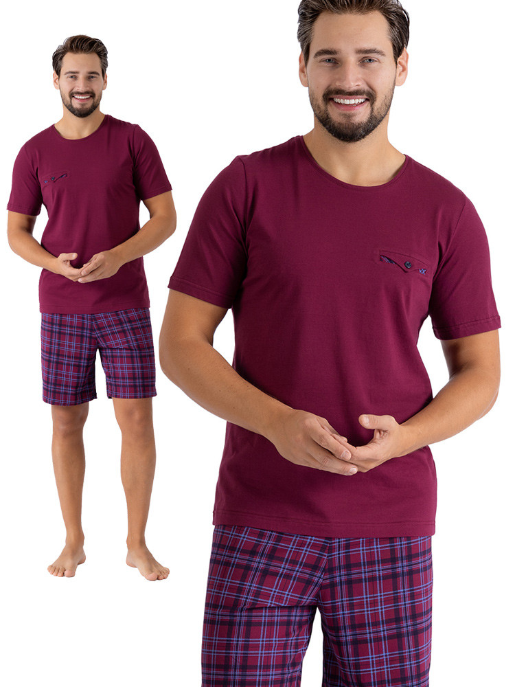 EMILIO - krótka piżama męska ze spodenkami w kratę [bordo]