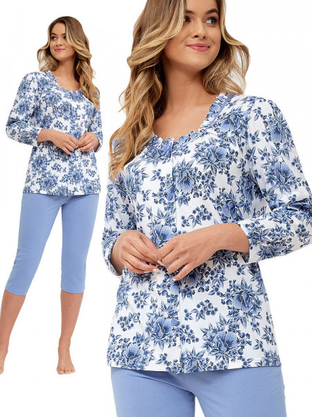 GRACJA - klasyczna błękitna piżama damska w kwiaty