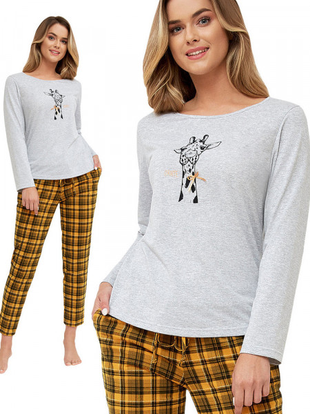 CASSIA - piżama damska z żyrafą ze spodniami w kratę miodową