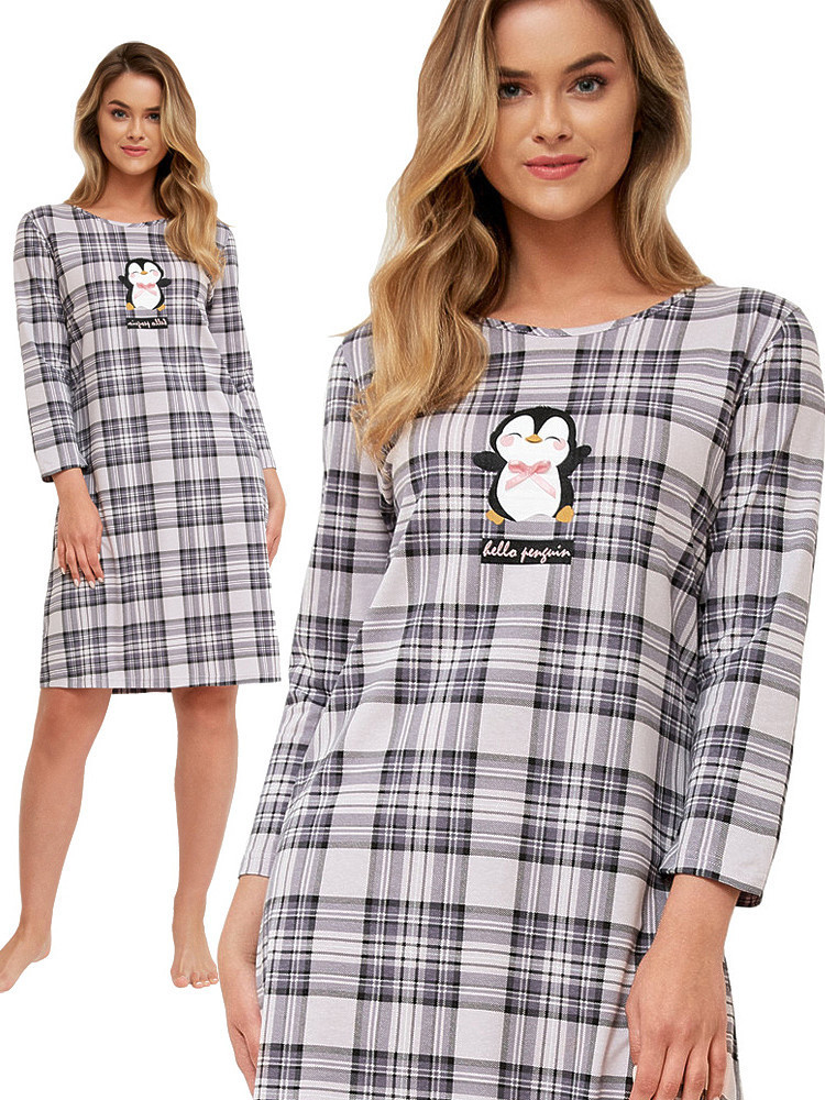 MERCI - damska koszula nocna w szarą kratę z pingwinem
