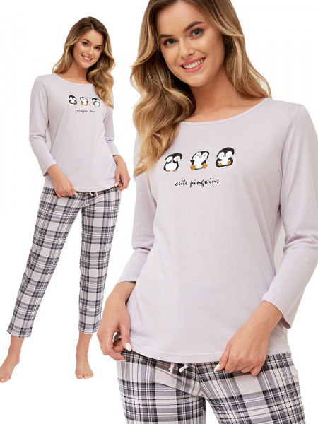 MERIDA - piżama damska w szarą kratę z pingwinami