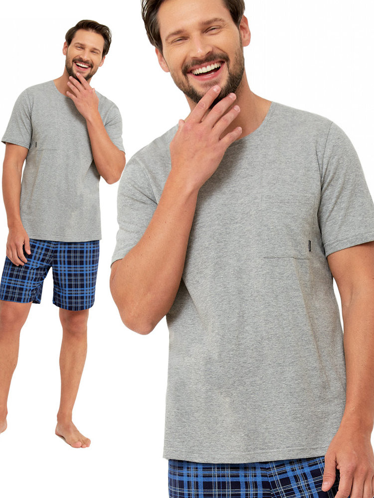 OREST - szara krótka piżama męska z szortami w niebieską kratę
