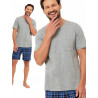 OREST - szara krótka piżama męska z szortami w niebieską kratę