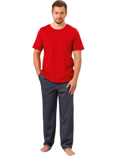 GILBERTO - krótka piżama męska z długimi spodniami i kieszeniami, bordowa