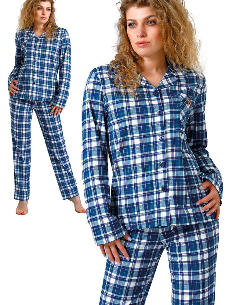 EVLYN - rozpinana piżama damska z kołnierzykiem w niebieską kratkę