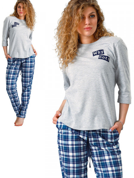 POLA - modna piżama damska ze spodniami w niebieską kratę